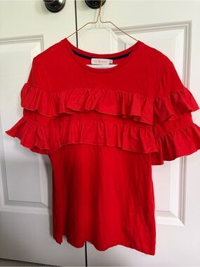Tory Burch Red Ruffle Short Sleeve Tee